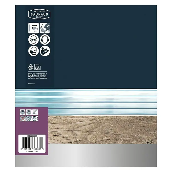 Craftomat Kreissägeblatt HM Alu - 160 mm, Bohrung: 16 mm - 20 mm, Anzahl Zähne: 42 Stk. - Verpackung des Bauhaus Produkts mit Sicherheitsanweisungen, Größenangaben und Barcode für einfache Produktidentifizierung.