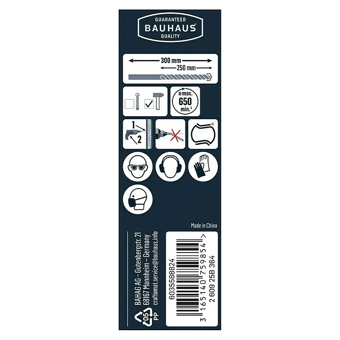 Craftomat Beton- & Steinbohrer - Durchmesser Bohrer: 10 mm, Länge: 300 mm - Bild einer Bohrerverpackung von Bauhaus mit Sicherheitsvorkehrungen und Produktinformationen wie Länge und maximale Drehzahl.