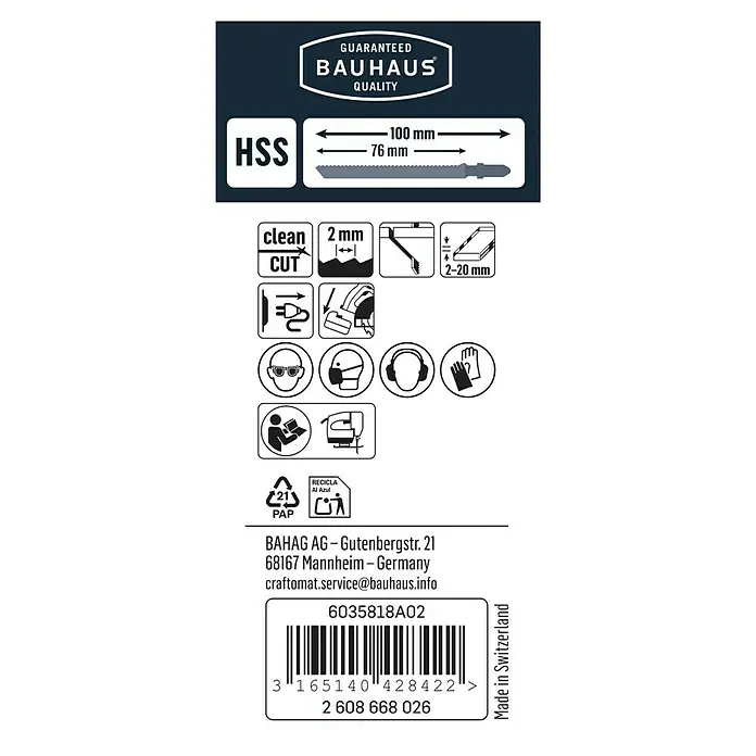 Craftomat Stichsägeblatt T 101 A - PLEXIGLAS®, 2 -tlg., T-Schaft - Verpackung einer Bauhaus HSS Stichsäge mit Qualitätsgarantie, Abmessungen und Sicherheitshinweisen.