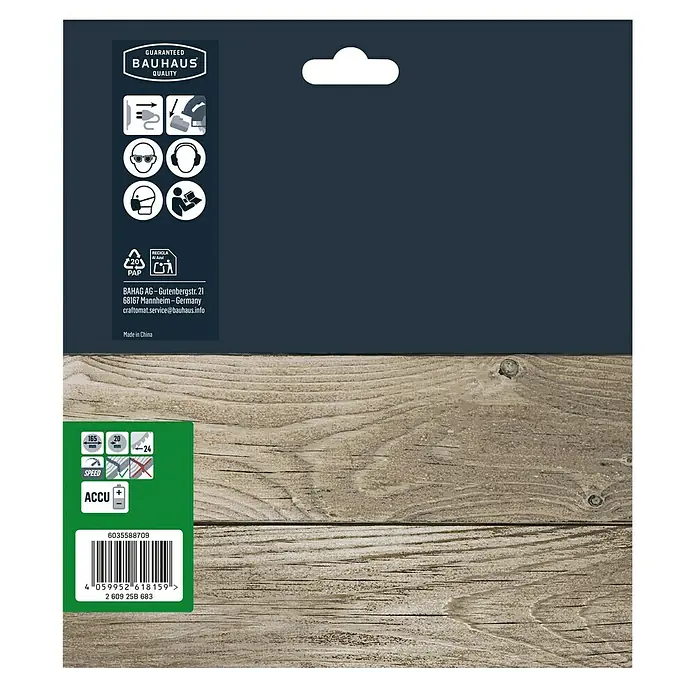 Craftomat Kreissägeblatt Accu Holz - 165 mm, Bohrung: 20 mm, Anzahl Zähne: 24 Stk. - Produktverpackung mit Bauhaus-Qualitätsgarantie, technischen Details und Barcode.