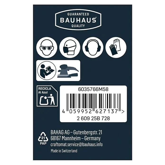 Craftomat Schleifnetz - 230 x 115 mm, Körnung: 240, 10 Stk. - Produktetikett von Bauhaus mit Sicherheitshinweisen, Barcode, Recycling-Symbol und Herstellerinformationen.