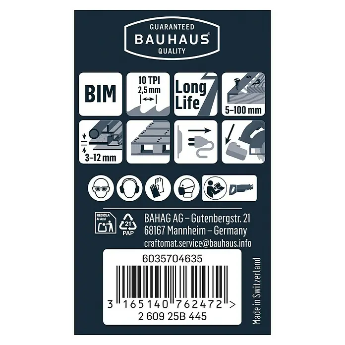 Craftomat Säbelsägeblatt S 922 HF - Holz/Metall/Kunststoff, 2 -tlg., Zahnabstand: 2,5 mm - Produktverpackungs-Aufdruck mit Garantie, Bauhaus-Qualitätssiegel, Produktmerkmalen, Barcode und Herstellerinformationen.