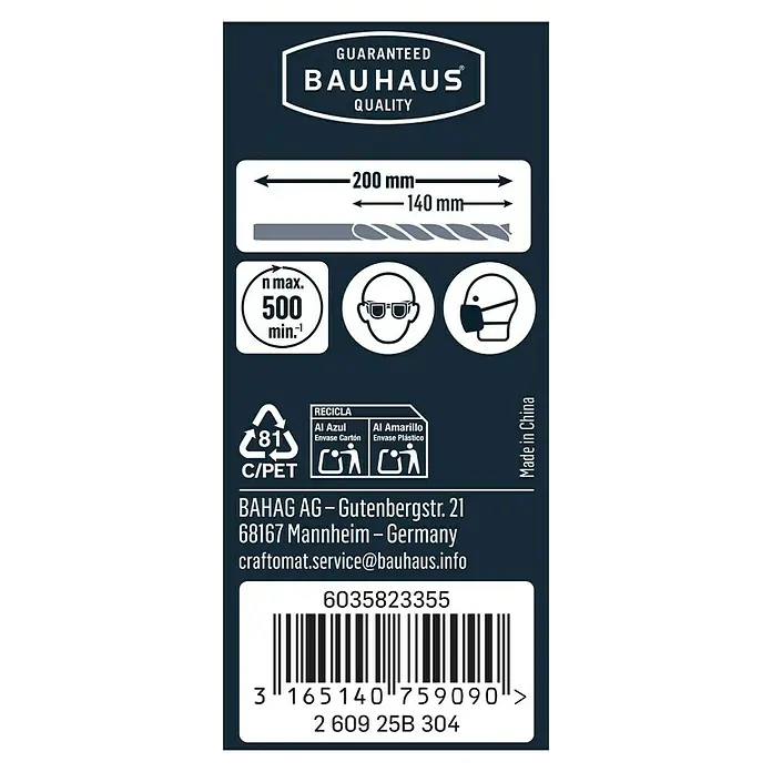 Craftomat Holzbohrer - Durchmesser Bohrer: 20 mm, Arbeitslänge: 140 mm - Etikett der Bohrerpackung von Bauhaus mit Produktinformationen wie Größe, Barcode, Recyclinghinweise und Sicherheitsvorkehrungen.