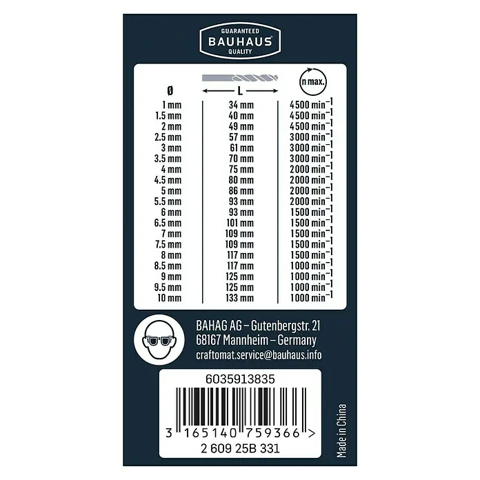 Craftomat Bohrer-Set Gripbox - Durchmesser Bohrer: 10 mm - Tabelle mit Größenangaben für Bauhaus-Bohrer, einschließlich Durchmesser, Länge und maximaler Drehzahl.