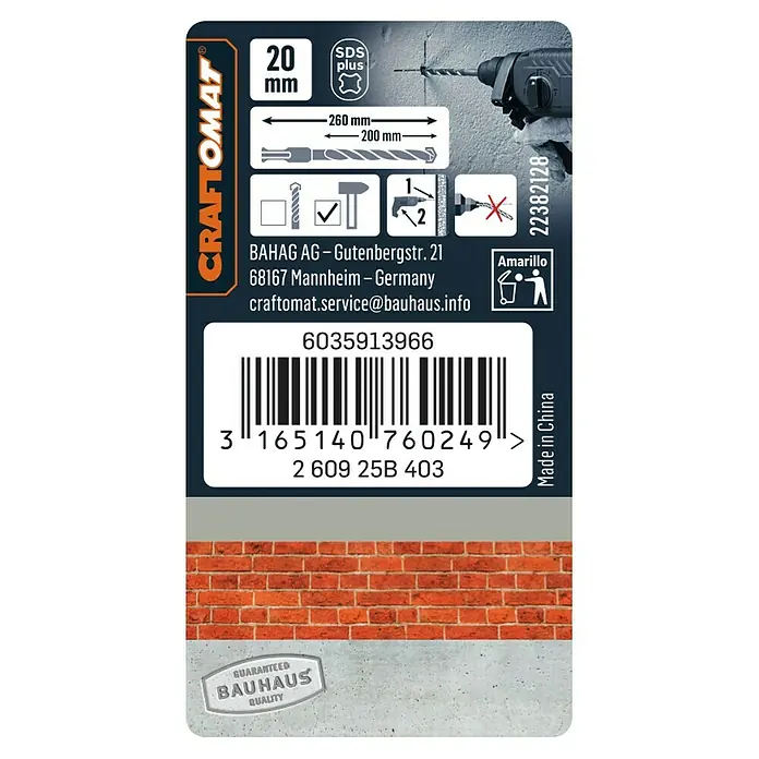 Craftomat SDS-Plus Betonbohrer - Länge: 260 mm, Durchmesser Bohrer: 20 mm - Nahaufnahme des Etiketts für einen 20 mm Craftomat SDS-Plus Hammerbohrer mit Barcode und Informationen zu Größe und Verwendung.