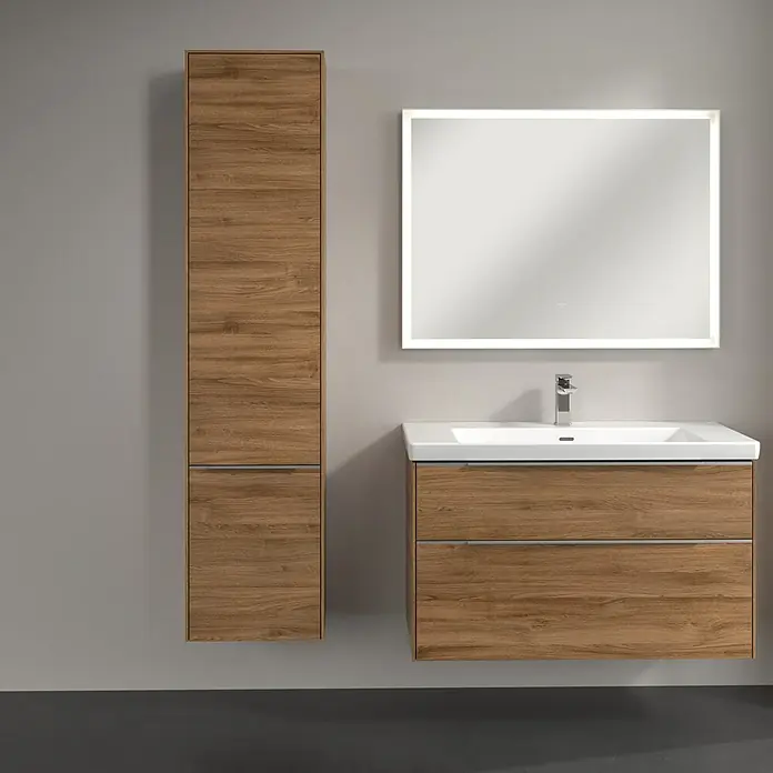 Villeroy & Boch Subway 3.0 Hochschrank - B x T x H: 40 x 36,2 x 171 cm, 2x Tür, Kansas Oak, Farbe Griff: Aluminium glänzend, DIN Anschlag: Links - Badezimmer-Set mit Holzschrank, Waschtischunterschrank mit Becken und beleuchtetem Spiegel. Stilvolles Design für moderne Bäder.