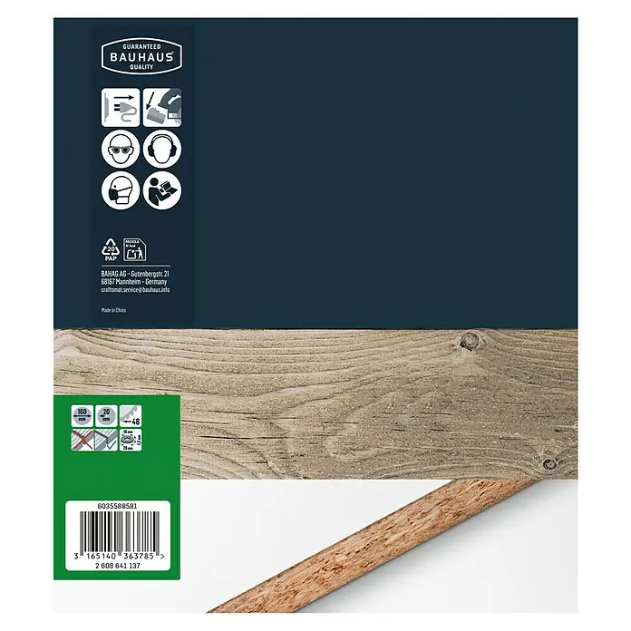 Craftomat Kreissägeblatt HM - 160 mm, Bohrung: 16 mm - 20 mm, Anzahl Zähne: 48 Stk. - Produktverpackung: BAUHAUS Qualitätsgarantie mit Sicherheitsvorkehrungen und technischen Details wie Größe und Material.