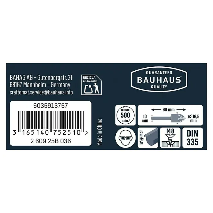 Craftomat Kegelsenker - Ø x L: 16,5 x 60 mm - Produktinformationen mit Barcode, Herstellerangaben, Bauhaus Qualitätsgarantie und technischen Details.