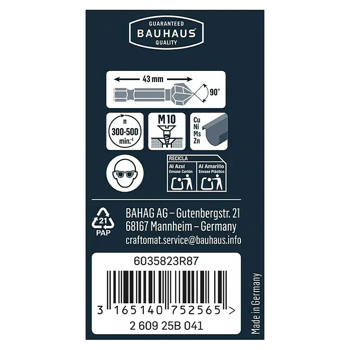 Craftomat Kegelsenker - Durchmesser Schaft: ¼″ Hex, Durchmesser: 20,5 mm - Etikett mit Produktdetails eines BAUHAUS-Bohrers, einschließlich Größe, Materialzusammensetzung, Umdrehungen pro Minute und Recyclinginformationen.