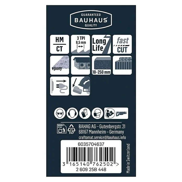 Craftomat Säbelsägeblatt S 1241 HM - Baustoffe, 2 -tlg., Zahnabstand: 8,5 mm - Detailansicht einer Bauhaus Säbelsägeblatt-Verpackung mit technischen Daten, Piktogrammen und Barcode für Bauprofis.