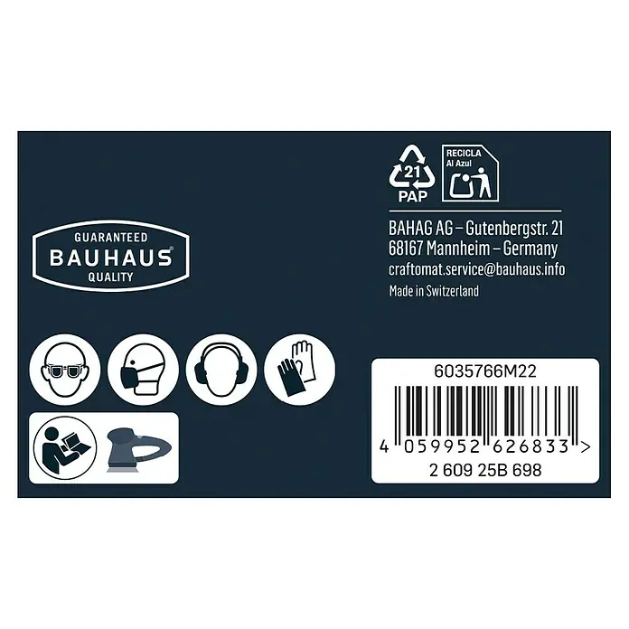 Craftomat Schleifgitter-Set - Durchmesser: 150 mm, 7 Stk. - Produktverpackung mit Bauhaus-Qualitätsgarantie, Recycling-Hinweisen und Sicherheitsvorkehrungen für Elektrowerkzeuge.