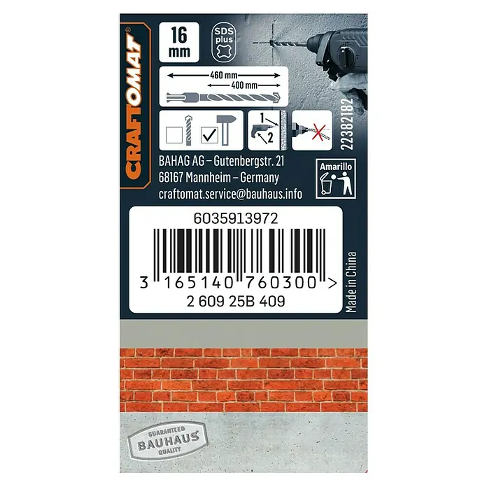 Craftomat SDS-Plus Betonbohrer - Länge: 460 mm, Durchmesser Bohrer: 16 mm - Produktetikett Craftomat 16mm SDS Plus: Informationen zu Größe, Anwendung und Herkunft des Bohrers.
