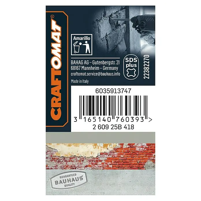 Craftomat SDS-Plus-Flachmeißel - Länge: 250 mm - Produktetikett von CRAFTOMAT mit Informationen zu Hersteller, Barcode und Qualitätssiegel von Bauhaus.