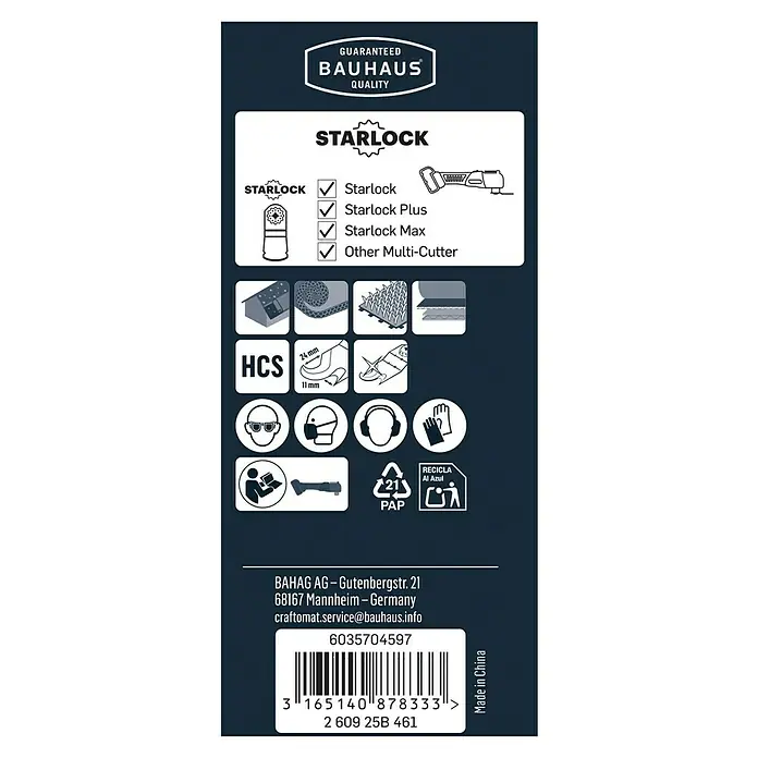 Craftomat Multi-Messer ASZ 32 SC - Geeignet für: Teppichboden, STARLOCK-System - Produktverpackung mit Starlock-Kompatibilitätshinweisen, Sicherheitsvorkehrungen und Recyclinginformationen, hergestellt in China.