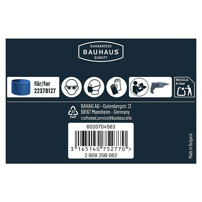 Craftomat Lochsägen-Adapter - Durchmesser: 45 mm - Produktetikett mit Bauhaus-Qualitätsgarantie, Anweisungen und Recyclinginformationen.