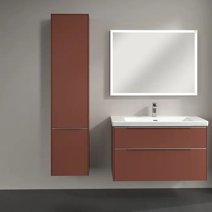 Villeroy & Boch Subway 3.0 Hochschrank - B x T x H: 40 x 36,2 x 171 cm, 2x Tür, Wine Red, Farbe Griff: Aluminium glänzend, DIN Anschlag: Links - Modernes Badezimmer-Set mit Waschtischunterschrank, Waschbecken und Spiegelschrank in Terrakotta für ein stilvolles Ambiente.