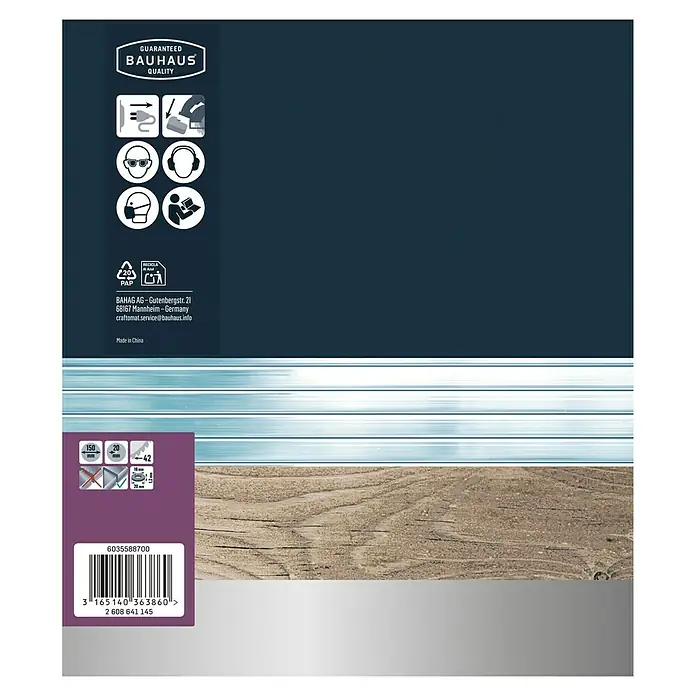 Craftomat Kreissägeblatt HM Alu - 150 mm, Bohrung: 16 mm - 20 mm, Anzahl Zähne: 42 Stk. - Produktverpackung mit Bauhaus-Qualitätsgarantie, Sicherheitsymbolen und Größenangaben für Heimwerkerprojekte.