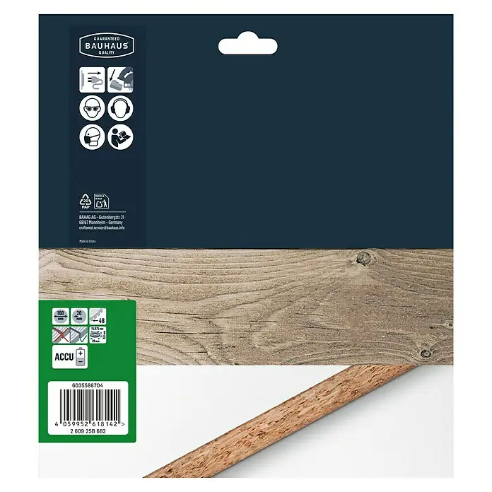 Craftomat Kreissägeblatt Accu Holz - 160 mm, Bohrung: 15,87 mm - 20 mm, Anzahl Zähne: 48 Stk. - Abbildung einer Bauhaus-Qualitäts-Kreissägeblattverpackung, die ein 160-mm-Sägeblatt mit 20 Zähnen für Akkuwerkzeuge zeigt.