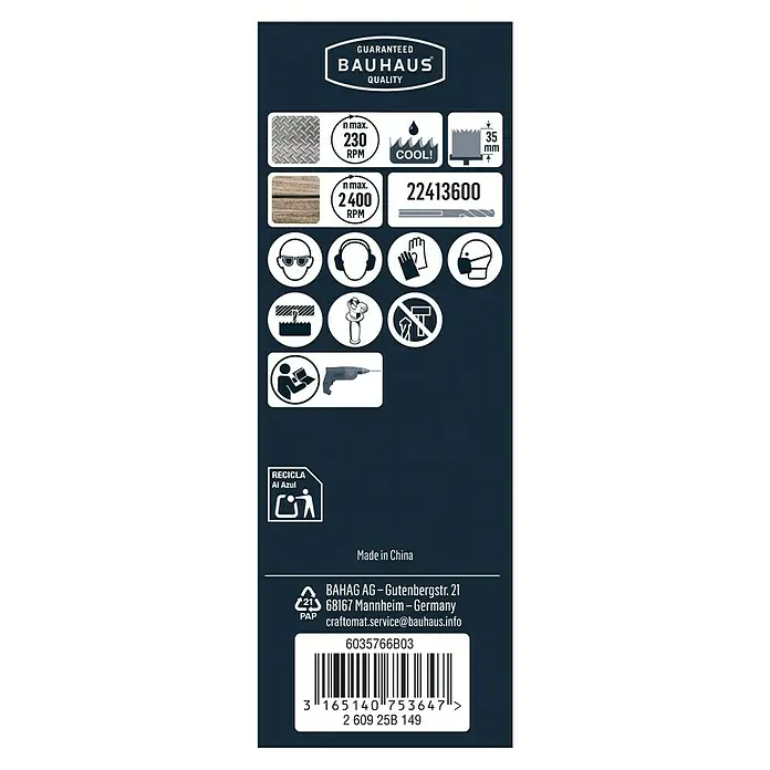Craftomat Lochsäge - 38 mm, Stahl, Durchmesser Schaft: 10 mm HEX - Produktinformationen: Maximale Drehzahl, Sicherheitshinweise und Recyclinghinweise für Bauhaus-Produkte.