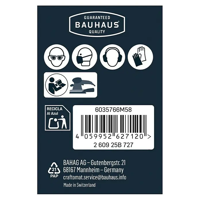Craftomat Schleifnetz - 230 x 115 mm, Körnung: 180, 10 Stk. - Etikettendetails eines Bauhaus-Produkts, das Sicherheitshinweise, Recyclinginformationen und Herstellerangaben enthält.