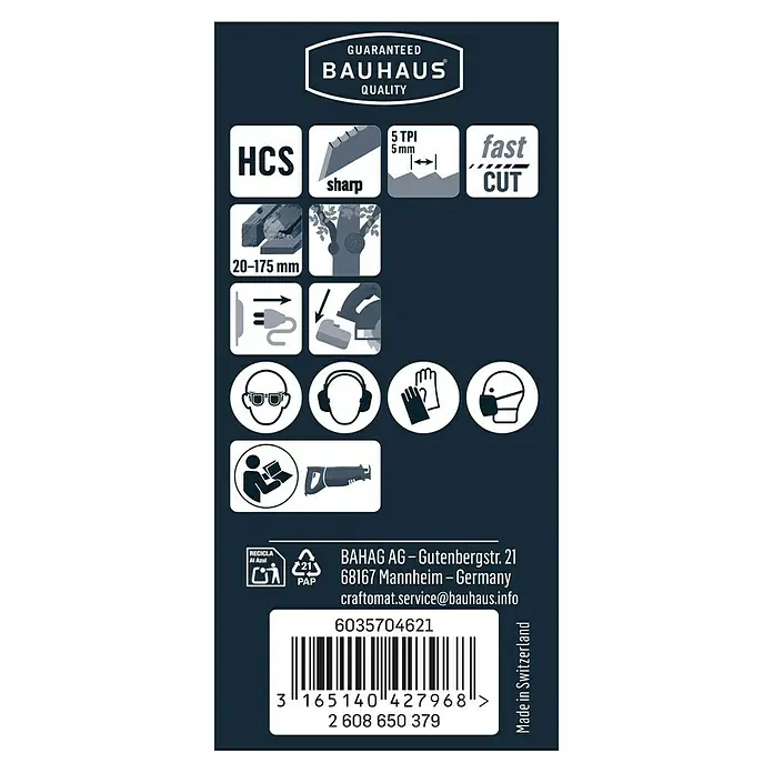 Craftomat Säbelsägeblatt S 1531 L - Baumschnitt, 2 -tlg., Zahnabstand: 5 mm - Informationen zum Bauhaus Säbelsägeblatt: HCS, scharf, 5 TPI, 20-175 mm Schnitttiefe, Sicherheitsvorkehrungen und Herstellerangaben.