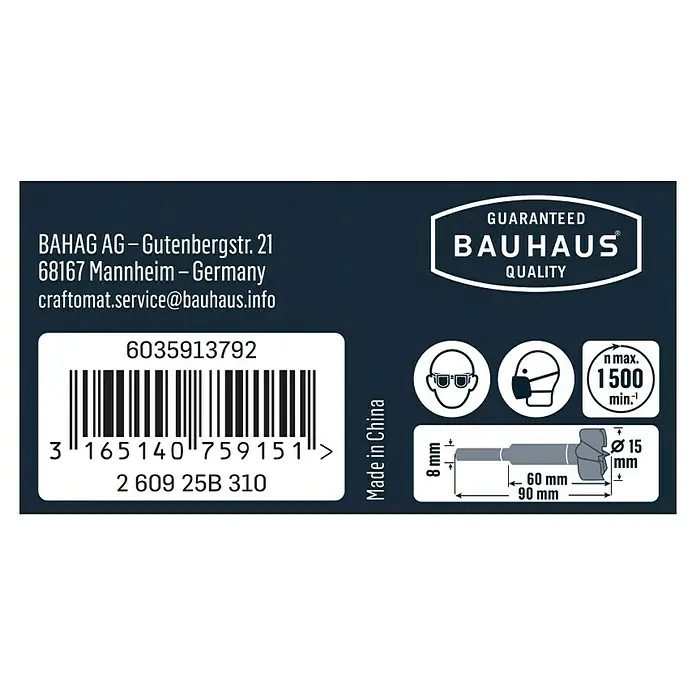 Craftomat Holzbohrer - 1 Stk., Durchmesser Bohrer: 15 mm - Etikett mit Informationen zum Bauhaus-Qualitätsprodukt, einschließlich Barcode, Abmessungen und Sicherheitshinweisen.