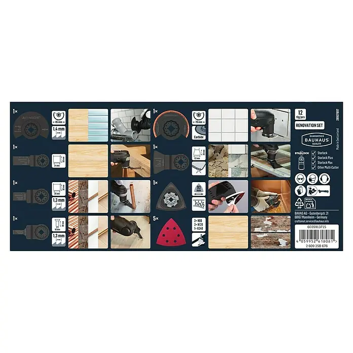 Craftomat Zubehör-Set Renovation für Starlock-Systeme - 7 Stk., 7 -tlg. - Abbildung eines Craftomat 12-teiligen Renovierungssets, das vielseitige Werkzeuge für verschiedene Renovierungsarbeiten enthält.