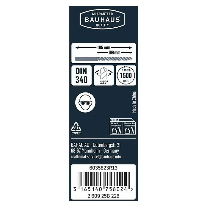 Craftomat Metallbohrer - Durchmesser Bohrer: 8 mm, Arbeitslänge: 109 mm - Etikett mit Produktinformationen für einen BAUHAUS-Bohrer, einschließlich Maße, Winkel und Sicherheitsvorkehrungen.