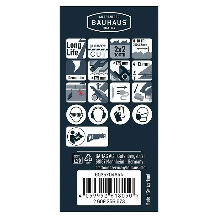 Craftomat Säbelsägeblatt S 1130 CF - Länge: 288 mm, 2 Stk. - Abbildung einer Bauhaus-Säbelsägeblattverpackung mit Informationen zu Produkteigenschaften und Sicherheitsvorkehrungen.
