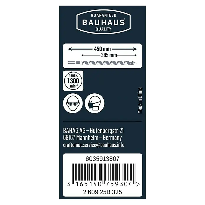 Craftomat Holzbohrer - 1 Stk., Durchmesser Bohrer: 16 mm, Arbeitslänge: 360 mm - Abbildung eines Bauhaus-Bohrers mit den Maßen 450 mm und 385 mm, Drehzahl 1300 U/min, Schutzhinweise und Barcode.