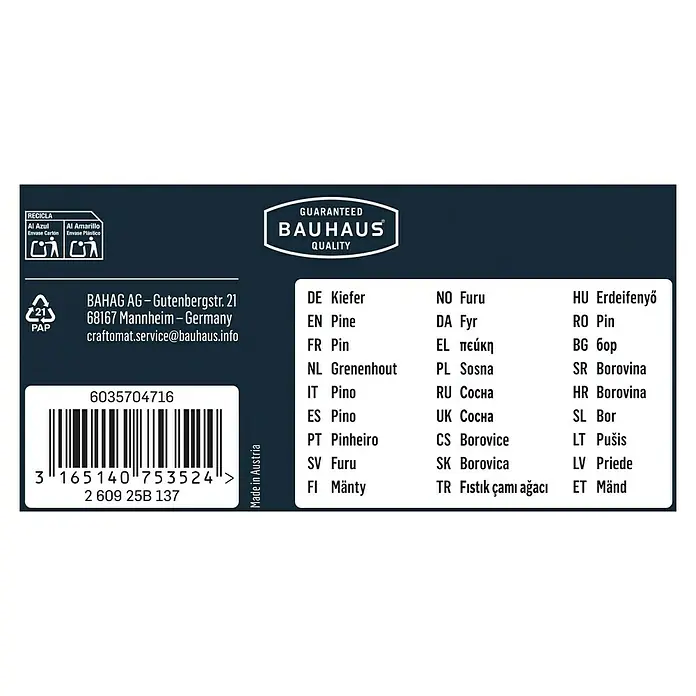 Craftomat Holzzapfen - Durchmesser: 30 mm, 10 Stk. - Produktverpackung mit Bauhaus Qualitätsgarantie, Informationen zu Holzart Kiefer in verschiedenen Sprachen und Recyclinghinweisen.