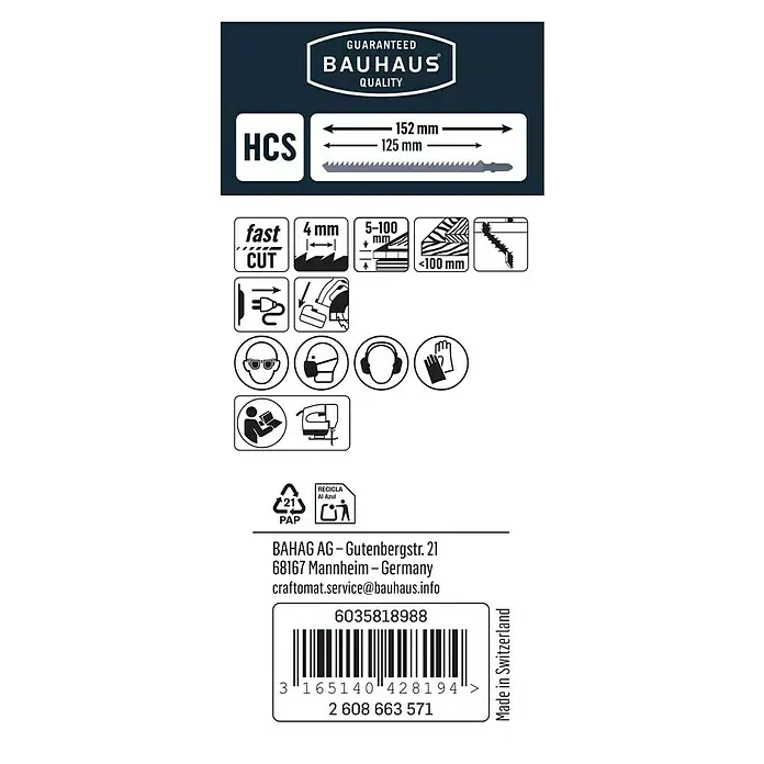 Craftomat Stichsägeblatt T 344 D - Bauholz/Spanplatte, 2 -tlg., T-Schaft - Etikett einer Bauhaus Stichsäge mit Produktinformationen, Materialhinweisen und Sicherheitshinweisen für optimale Nutzung.