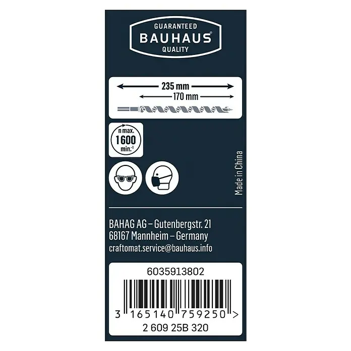 Craftomat Holzbohrer - 1 Stk., Durchmesser Bohrer: 12 mm, Arbeitslänge: 160 mm - Detailaufnahme einer Bauhaus-Bohrerverpackung mit Größenangaben, Barcode und Herstellerinformationen.