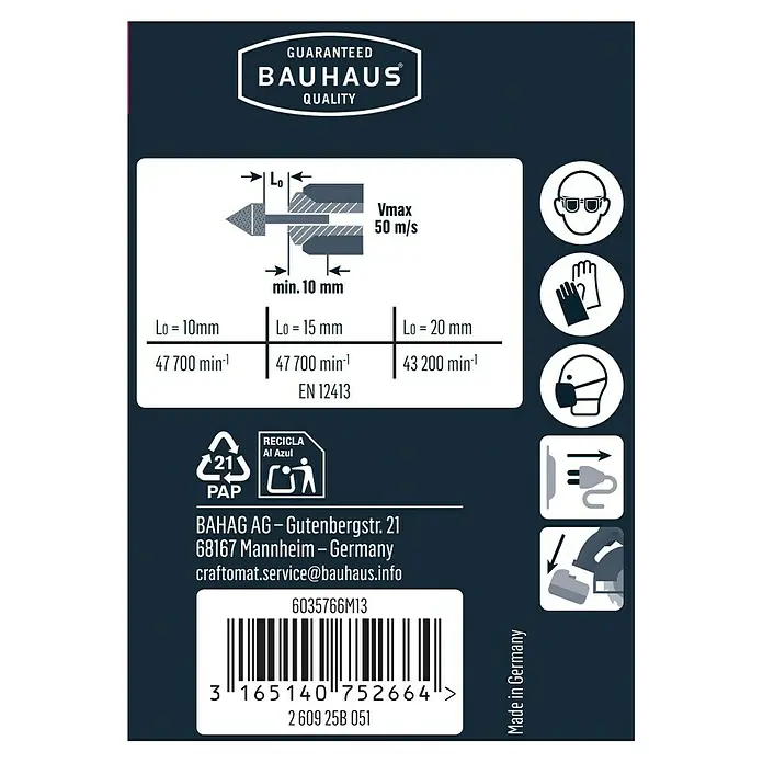 Craftomat Schleifstift - Durchmesser: 20 mm, Kegelförmig - Produktverpackung mit Sicherheitsinformationen, Bauhaus Qualitätsgarantie, Warnhinweisen und Recycling-Symbolen.