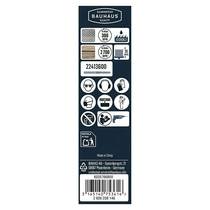 Craftomat Lochsäge - 29 mm, Stahl, Durchmesser Schaft: 10 mm HEX - Bild einer Produktverpackung mit Bauhaus Qualitätsgarantie, technischen Daten und Sicherheitshinweisen.