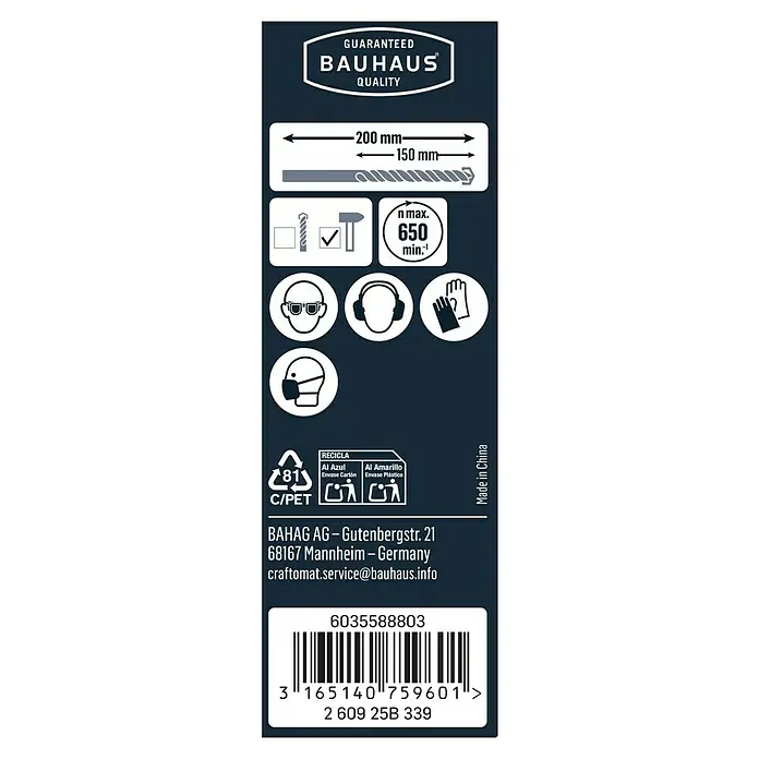 Craftomat Beton- & Steinbohrer - 1 Stk., Durchmesser Bohrer: 10 mm, Länge: 200 mm - Produktverpackung mit Sicherheitsinformationen und Barcode.