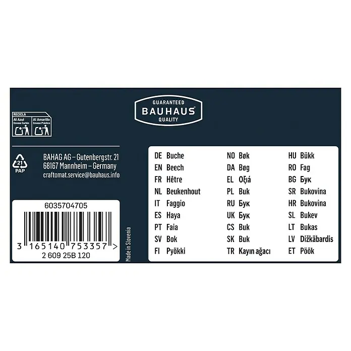 Craftomat Flachdübel - Länge: 55 mm, 50 Stk. - Produktverpackung mit Bauhaus-Logo und Informationen zur Holzbeschaffenheit in verschiedenen Sprachen.