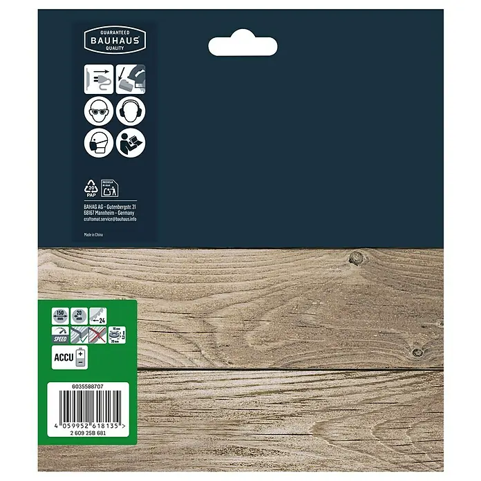 Craftomat Kreissägeblatt Accu Holz - 150 mm, Bohrung: 16 mm - 20 mm, Anzahl Zähne: 24 Stk. - Verpackungsaufdruck mit Bauhaus Qualitätsgarantie, Sicherheitsicons, Recyclinghinweisen und Produktinformationen auf Holzgrund.