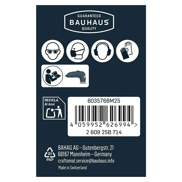 Craftomat Schleifgitter-Set - Körnung: 180, 93 x 93 mm, 5 Stk. - Produktetikett mit Sicherheitsvorkehrungen, Barcode und Herstellerinformationen für ein Bauhaus-Qualitätsprodukt.