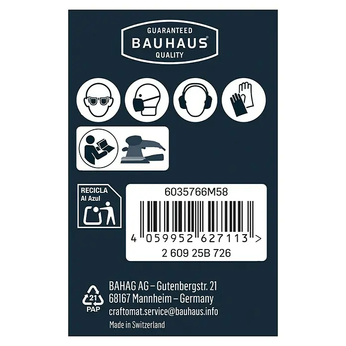 Craftomat Schleifnetz - 230 x 115 mm, Körnung: 120, 10 Stk. - Produktetikett von Bauhaus mit Sicherheitshinweisen, Barcode und Recycling-Symbolen, sowie Herstellerinformationen.