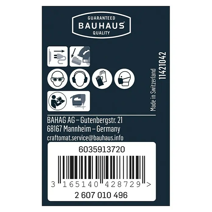 Craftomat Stichsägeblatt-Set - Holz/Metall/Kunststoff, 10 -tlg., T-Schaft - Etikett mit dem Bauhaus-Logo, Sicherheitsvorkehrungen, Herstellerinformationen, Barcode und Herstellungsort.