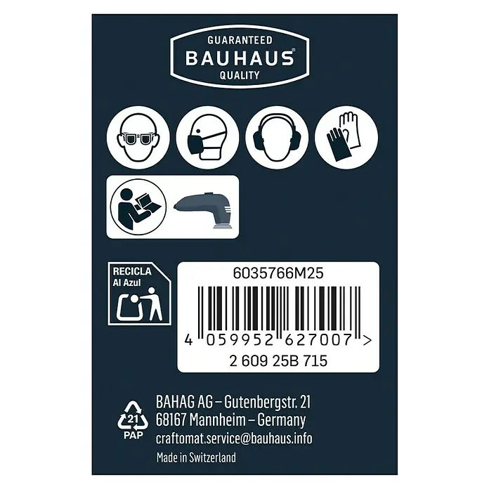 Craftomat Schleifgitter-Set - Körnung: 240, 93 x 93 mm, 5 Stk. - Produktetikett mit Sicherheitshinweisen, Barcode und Herstellerinformationen von Bauhaus für Heimwerkerprodukte.