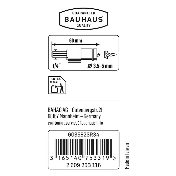 Craftomat Schraubvorsatz Trockenbau - Montage von Gipskartonplatten, PH 2 - Produktetikett von Bauhaus mit Größenangaben und Barcode.
