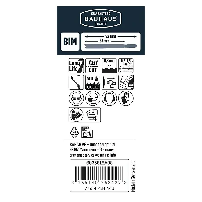 Craftomat Stichsägeblätter T 121 GF - Bleche/Lochbleche, 3 -tlg., T-Schaft - Abbildung eines Bauhaus BIM Sägeblatts mit den Maßen 92 mm und 68 mm, ergänzt durch Symbole für Materialien und Sicherheitsvorkehrungen.