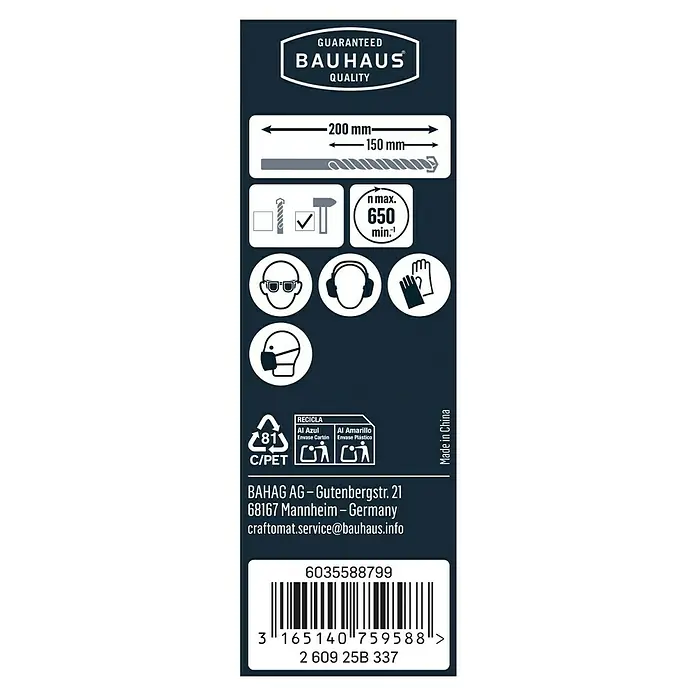 Craftomat Beton- & Steinbohrer - 1 Stk., Durchmesser Bohrer: 6 mm, Länge: 200 mm - Produktverpackung mit Sicherheits- und Recyclinghinweisen, sowie Bauhaus Qualitätsgarantie und Barcode.