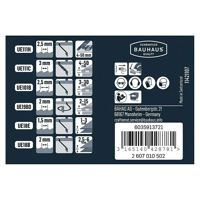 Craftomat Stichsägeblatt-Set - Holz/Metall/Kunststoff, 10 -tlg., U-Schaft - Abbildung der Stichsägeblatt-Spezifikationen mit Produktinformationen, Sicherheitsvorkehrungen und Barcode für den bequemen Einkauf.