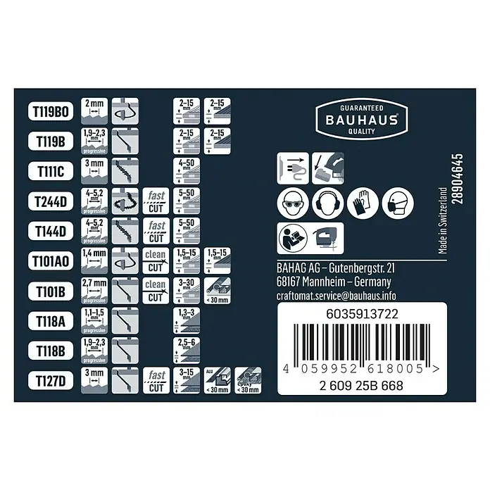 Craftomat Stichsägeblatt-Set - 10 -tlg., T-Schaft - Abbildung einer Stichsägeblattverpackung von Bauhaus mit Details zu den verschiedenen Sägeblättern und deren Anwendungen.