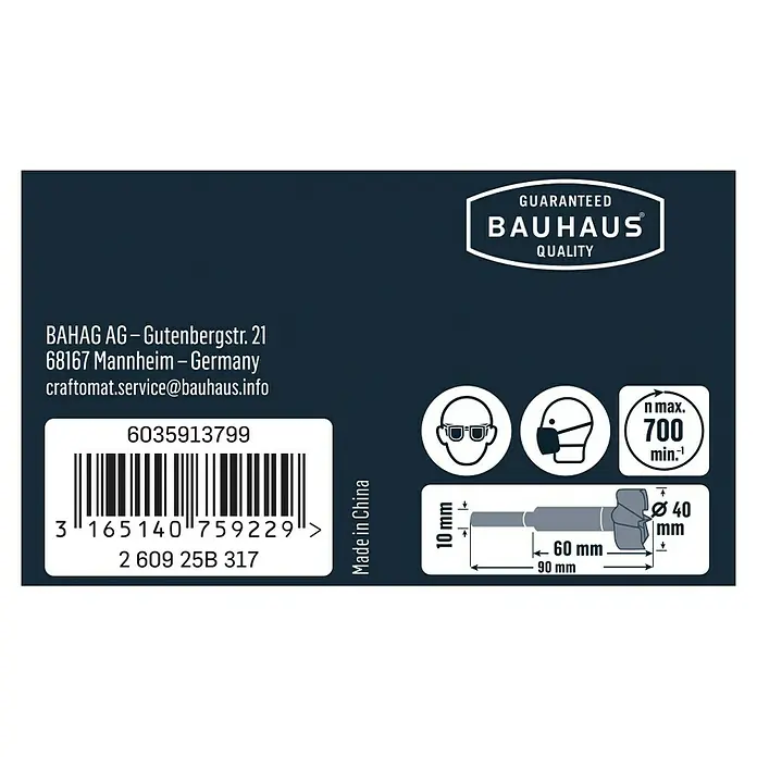 Craftomat Holzbohrer - 1 Stk., Durchmesser Bohrer: 40 mm - Produktinformationen: BAHAG AG, Gutenbergstr. 21, 68167 Mannheim, Deutschland, E-Mail, Produktcode, Barcode, Hergestellt in China und Produktdimensionen.