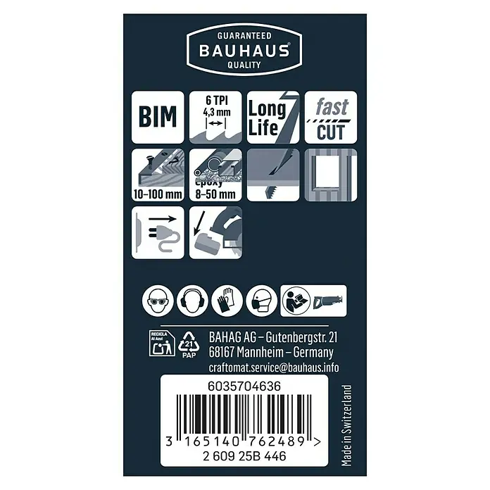 Craftomat Säbelsägeblatt S 611 DF - Holz/Metall/Kunststoff, 2 -tlg., Zahnabstand: 4,3 mm - Produktinformationen: Säbelsägeblatt BIM, 6 TPI, lange Lebensdauer, schneller Schnitt, 10-100mm/Holz, 8-50mm/Epoxid.