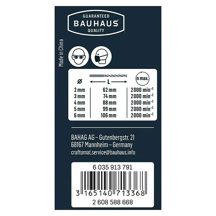 Craftomat Holzbohrer - Durchmesser Bohrer: 6 mm, Durchmesser Schaft: 6,35 mm, Gesamtumfang: 5 -tlg. - Produktinformationen: Bauhaus Qualitätsgarantie, Hergestellt in China, Schutzsymbole, Größenangaben und Barcode für einfache Produktidentifikation.
